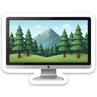 Minimalistic flat vector icon, iOS style, thin black contour on white background. Computer monitor with a simple forest scene on the screen (trees, minimal landscape). Clean, no text, no shadows sticker