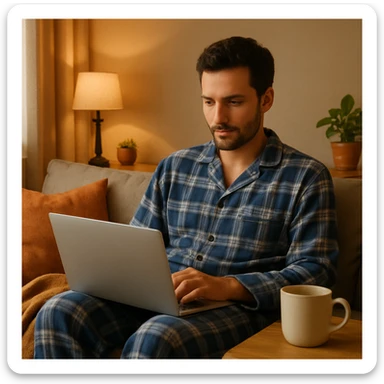 man working on a laptop while wearing pajamas, relaxed, casual home setting, cozy and comfortable atmosphere sticker
