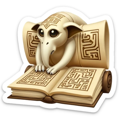 A creature composed of ancient scrolls and papyrus that have gained consciousness, folding and unfolding itself into different animal shapes while the hieroglyphs on its surface glow with arcane energy. sticker