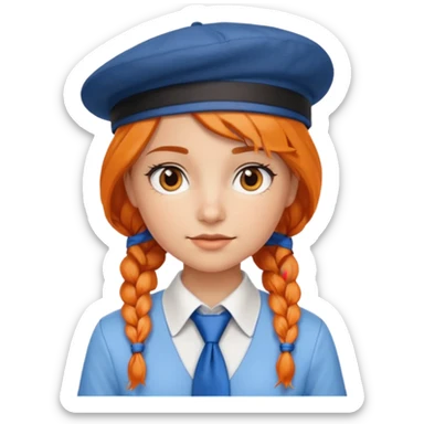 orange braided hair girl, wearing white shirt, Blue Necktie, and a brown berret Hat sticker