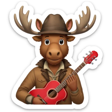 A man with a moose head in alaska pointing a red guitar directly up in the air. Make the graphics gritty and realistic like the moose man is a villian in a high budget batman movie. It needs to be 100 times more dark themed and realistic. Like your batman characters  sticker