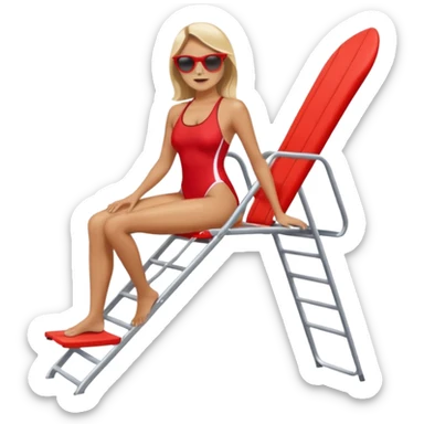 Female lifeguard – red swimsuit, sunglasses, sitting on tall lifeguard chair. sticker