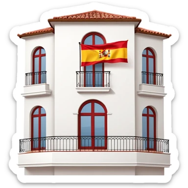 White stucco Spanish villa with red clay tile roof, arched windows, with Spanish flag (red-yellow-red horizontal stripes) hanging from the balcony sticker