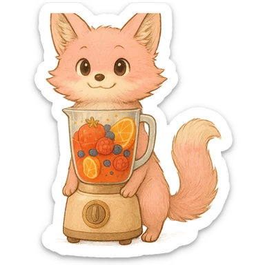 Expand this Ghibli-style pastel pink blender fox into a full-body image, showing the entire fox and blender base. Keep the high-quality, detailed, and joyful look with a transparent body containing a vibrant fruity smoothie inside. Maintain sparkling expressive eyes and a sweet, joyful expression. Transparent background. sticker