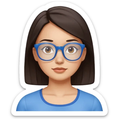 mujer de 30 años, cabello marron oscuro, ANTEOJOS CELESTE BLANCOS, top celeste escote cuadrado, piel blanca, cara redonda sticker