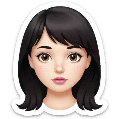 white girl, oval face, bangs and long black, slightly wavy hair. With round brown eyes, small and round nose, full and pink lips. Skin with some freckles. rock style sticker