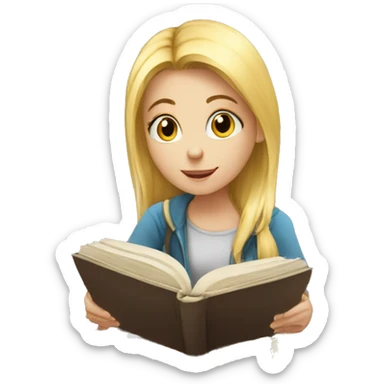 Blond girl learning chess, she is holding a book and is looking on a chess board sticker