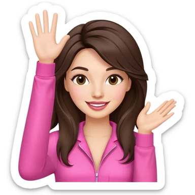 Woman. Brunette. Long layered hair. Long lashes, lipgloss. Pink junmpsuit. Waving, happy face.  sticker