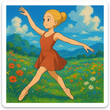 Add a vibrant, colorful background behind Dana Dawson in a dance pose, keep the original ghibli style sticker