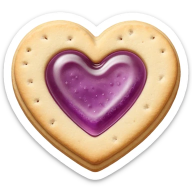 Realistic shortbread cookie in the shape of a heart with mauve jelly middle filling and sprinkled powder sugar on top. sticker