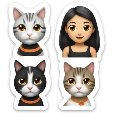 3 cats, one is grey tabby, one is 3 colors with orange black and white also she has spot on her upper lip like mustache. And one is orange tabby. I’m pretty asian woman with dark brown long hair wearing black tutle neck and so many cats hairs on it sticker