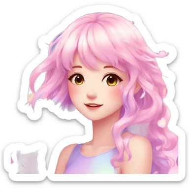 Gorgeous Beautiful Blushing Petite Colorful-Shiny-Pastel-Fairy-Anime-Girl with beautiful gradient pastel hair aesthetic with white border sticker