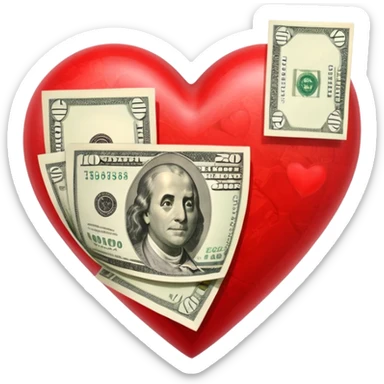 "Realistic HD red heart fused with money, cash integrated into the heart, glossy texture, clean white background." sticker