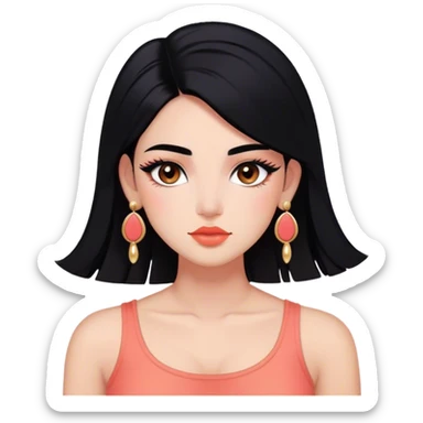 Tez morena, pelo negro largo lacio sin peinado, cejas pronunciadas, ojos grandes color marrones oscuro con pestañas largas, nariz pequeña, labios grandes color coral, rubor coral, top corto negro, orejas pequeñas y pantallas color oro sticker