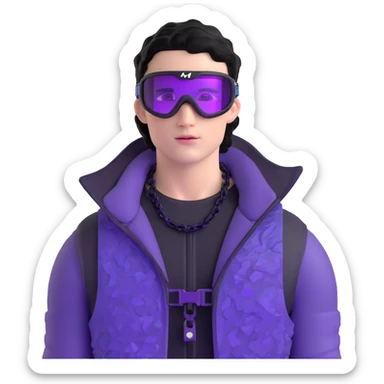 male athlete with white skin and moderately curly black hair on top with shaved sides, wearing ski goggles with purple frames and very dark black lenses, a simple plain black chain necklace, and a completely unzipped shiny vest with purple and black sequin fire pattern design, fully revealing his chest and abs, no earrings sticker