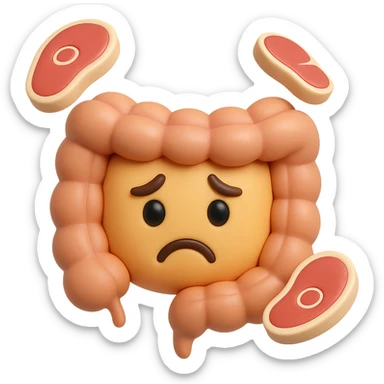 emoji stile iphone in 3d di un intestino triste con fette di carne che gli fluttuano intorno sticker