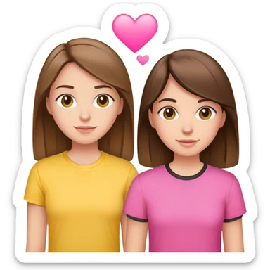Two best friends one light brunette and the other brunette’s with highlights. Both are white. The first one is wearing a yellow shirt and the other a pink  sticker