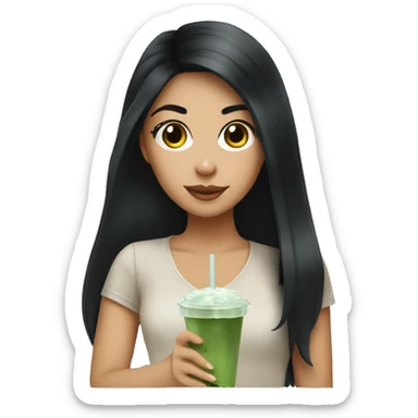 Girl with black hair and an iced matcha latte sticker