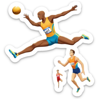 An icon showcasing  a sprinter in full speed, a high jumper soaring over the bar, a long jumper taking off, and a discus thrower in motion. The background features a vibrant stadium with cheering crowds, bright lights, and a clear sky.  sticker