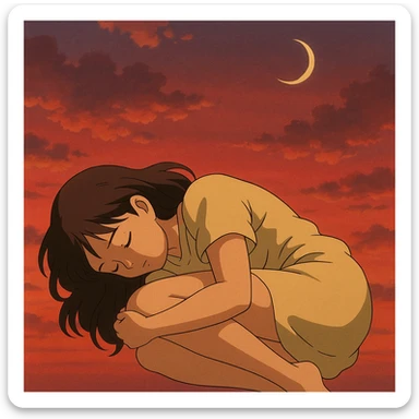 mujer en posición fetal, descansando, fondo de cielo rojizo, luna nueva, estilo ghibli sticker
