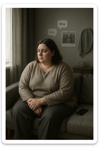 Donna tra i 30 e i 40 anni seduta sola su un divano, con espressione malinconica e corpo visibilmente appesantito. Indossa abiti larghi, avvolgenti, e guarda fuori dalla finestra mentre il telefono è spento o con notifiche ignorate accanto a lei. Sullo sfondo, si notano segnali di vita sociale assente: messaggi non letti, inviti ignorati, foto di gruppo a cui non partecipa. L’atmosfera è silenziosa, con luce grigia e ambiente spento. Intorno a lei, simboli di ritiro e insicurezza: tende chiuse, specchio coperto, postura chiusa. Stile realistico, tono delicato ed emotivo sticker