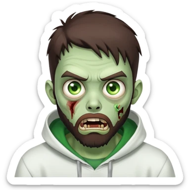 zombie with shocked expression, undercut hairstyle with dark brown hair, short full beard, intense green eyes, wearing plain white hoodie sticker