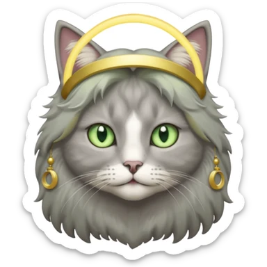 A grey long haired cat with light green eyes, with a halo sticker
