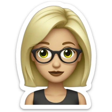 Designer blonde girl with black glasses and green eyes with macbook sticker