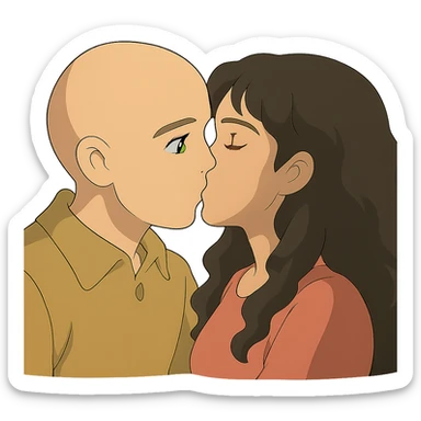 caucasian bald man with green eyes and caucasian woman with long curly dark hair and brown eyes kissing, ghibli style sticker