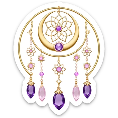 Epic Hanging gold suncatcher, threads with shiny sparkly amethyst and rose-quartz gemstones, flowers, crescents-moons sticker
