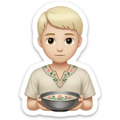 Medieval summer outfit worn by a DnD themed fantasy male character. Light cotton tunic in natural cream color with short sleeves, embroidered with simple floral patterns at the hem, paired with a thin leather belt. Clothes only above the waist, full waist coverage. The character has no arms. Character is white-skinned with pale blonde hair cut in a traditional bowl style, neatly trimmed around the ears and nape, steel gray eyes, and gentle features. sticker