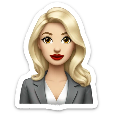 Russian Blonde long hair with big red lips small nose and black eyes Tiffany diamond seller in a grey suit sticker