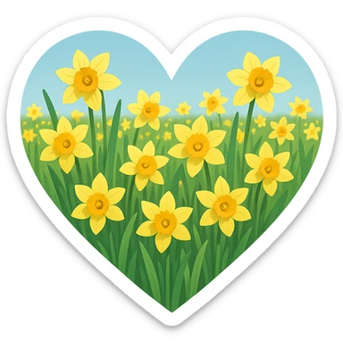 heart with a spring daffodil field, clean digital illustration sticker