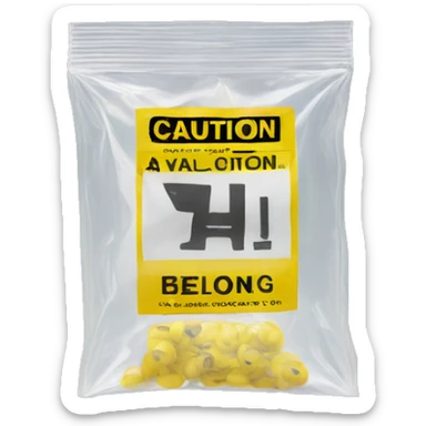 Clear ziploc bag with a yellow caution sign on the label sticker