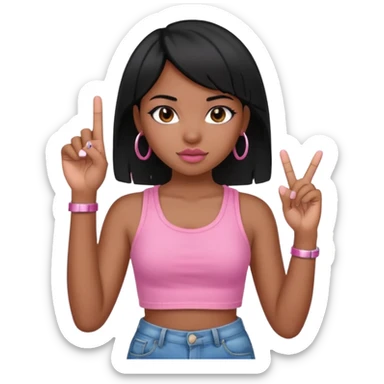 Black girl with straight black hair, giving middle finger, pink crop top and jeans shorts sticker