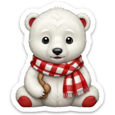 baby polar bear wearing a red and white checkered scarf sticker