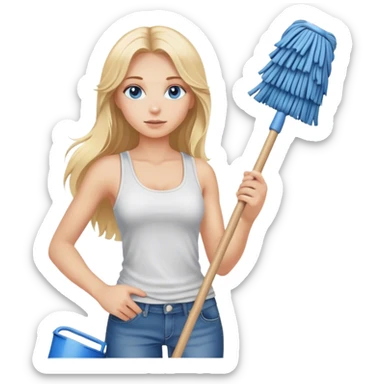  blonde with long hair and blue eyes, dressed in jeans and a tank top, holding a mop in her hands sticker