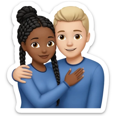 Dark black girl with black braids and tan white boy with curvy straight brown hair, they are hugging and smiling, and touching each other with their hands sticker