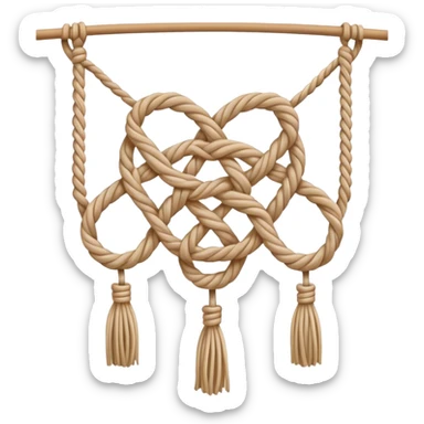 Macramé icon, intricate knot patterns, natural cords, woven texture, minimalistic style, clean lines, transparent background. sticker