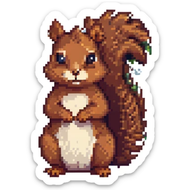 écureuil qui réfléchit, un sourcil levé, air songeur, style pixel art sticker