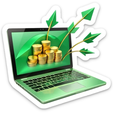 3D laptop icon with gold coins flying out of screen, green color (#0B3D2C), gold accents (#C9B037), upward arrows, glossy modern style, transparent background sticker
