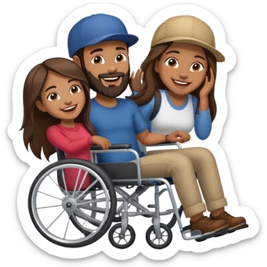 Tan skinned man with a beard and fitted cap in a wheelchair and a brown skinned woman with long dark hair in a wheelchair laughing  sticker