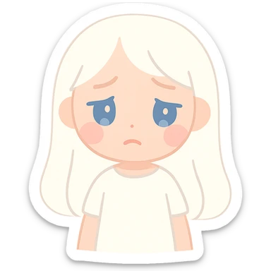 A girl with long white hair, blue eyes, sad and tired, wearing a white dress. sticker