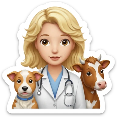 Joven mujer, de cabello rubio con ondas, veterinaria de perros, vacas y caballos sticker