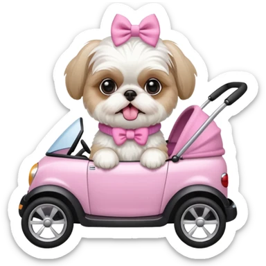 little all white shih tzu with pink bows & sweater tongue sticking out stting in white buggy sticker