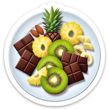 Evening snack plate with dark chocolate squares, mixed nuts, kiwi slice and pineapple chunks sticker