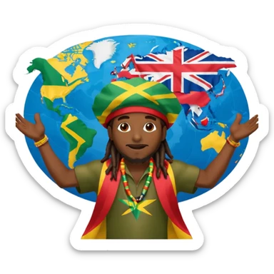 Rasta man with arms wide open 🙌🏾🔥 standing in front of world map 🌍🎶 with every flag 🇯🇲🇺🇸🇬🇧🇫🇷🇮🇳🇧🇷🇳🇬 saying ONE LOVE 💛💚❤️ to di world 🌐🦁 sticker