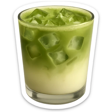 Add ice cubes to the matcha latte in the clear glass, preserve the smooth green-to-milk gradient and cozy look, no background. Keep the glass transparent and the gradient gentle and smooth. sticker