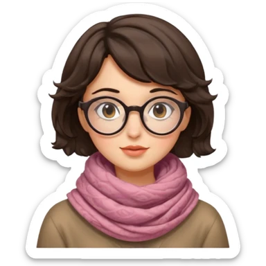A shy brunette hair wavy short hair woman with big round glasses and thick scarf, blushing from the cold. sticker