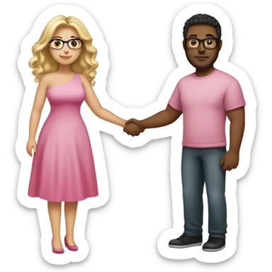Curvy woman not wearing glasses with long blonde hair and green eyes wearing a pink dress and holding hands with a brown man with short curly black hair and glasses sticker